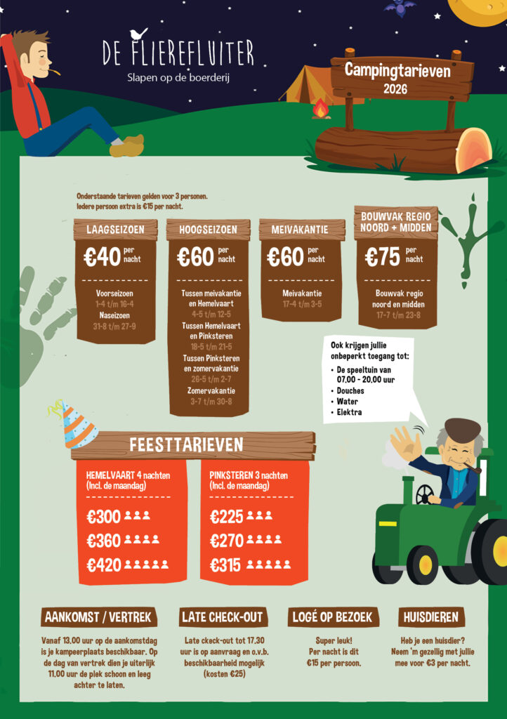 Bekijk hier de campingtarieven van minicamping de Flierefluiter in Raalte