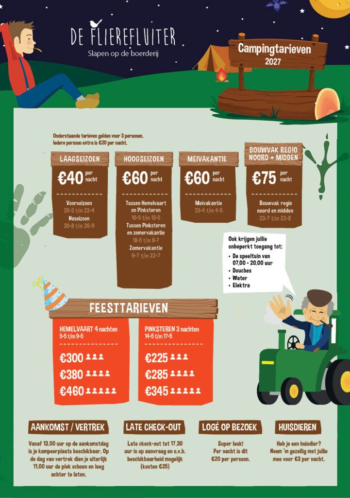 Kamperen bij de Flierefluiter was nog nooit zo leuk - Camping tarieven 2027